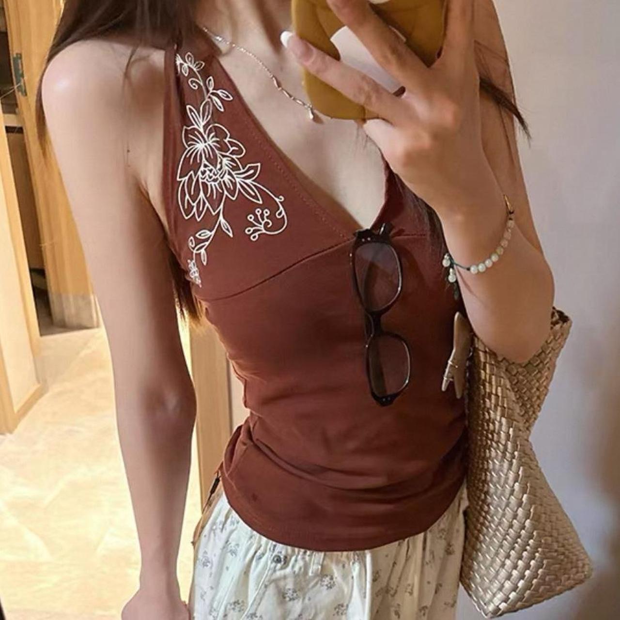 Brown Flower Print Halter Top