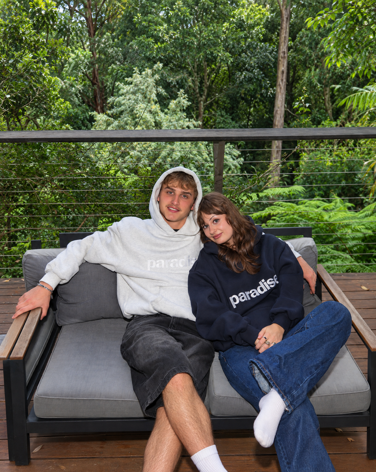 Grey and Navy Paradise heavyweight hoodies | Noah, 177cm / 5'10", wearing size Medium (in Grey) | Dani, 169cm / 5'7", wearing size Medium (in Navy)