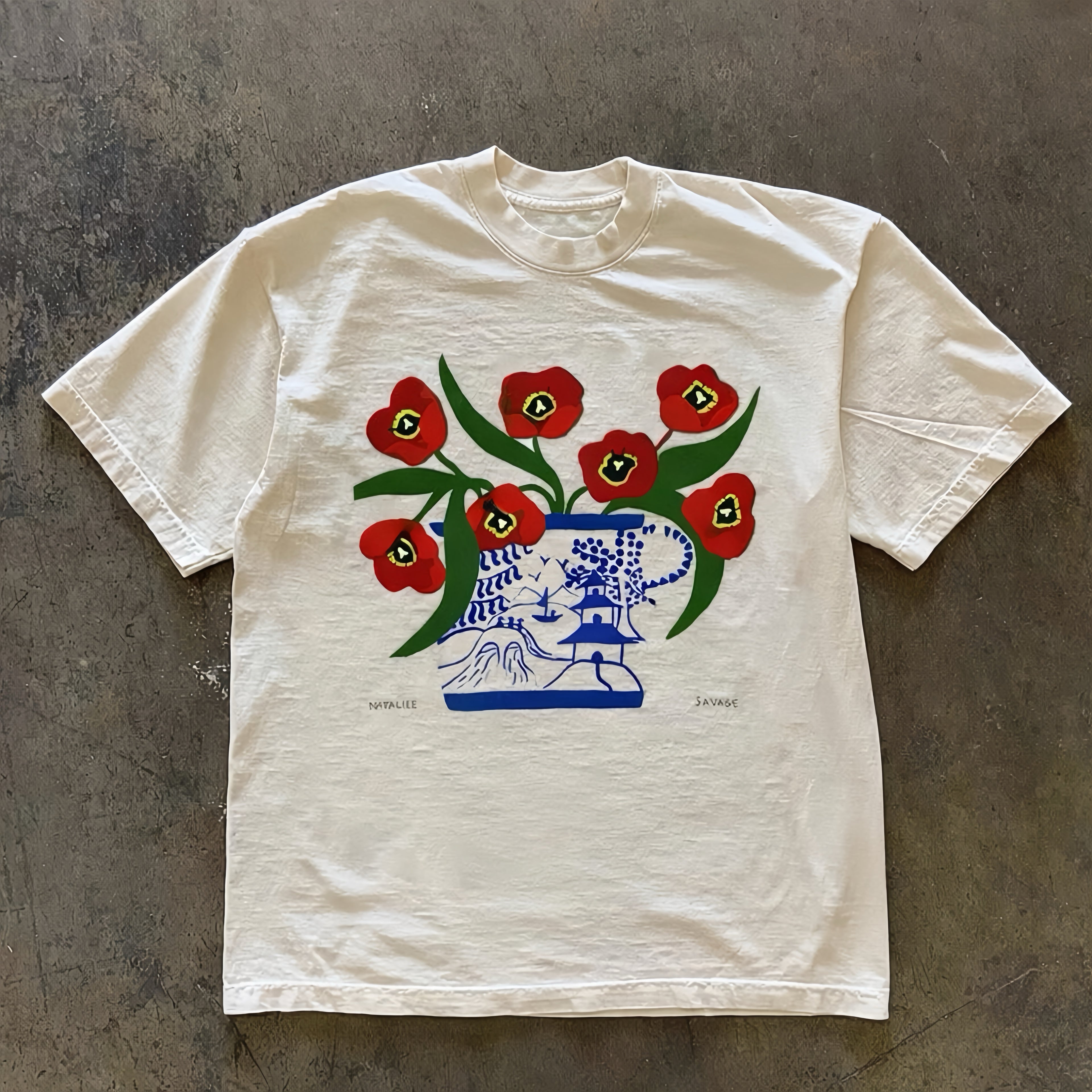 Blue and red flower pot heavyweight tee
