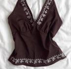 Brown and white embroidery halter top
