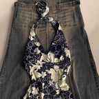Navy and white flower halter