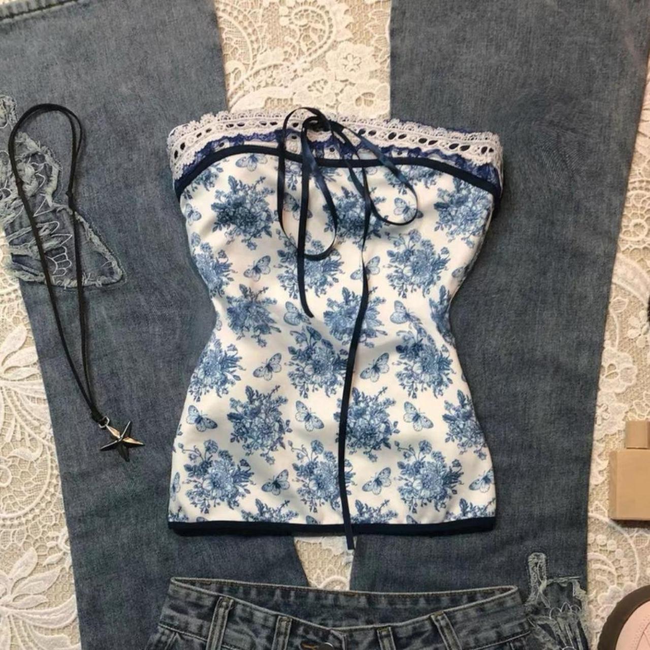 Light blue black lace tube top