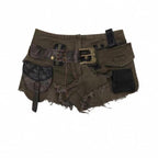 Khaki and brown distressed denim shorts
