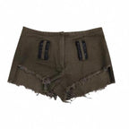 Khaki and brown distressed denim shorts