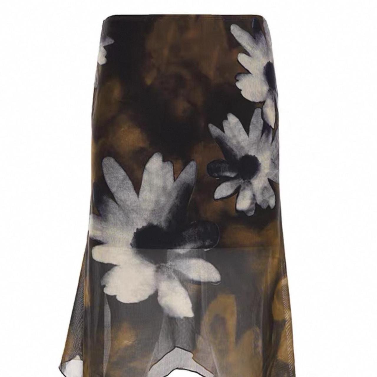 Brown Flower Print Midi Skirt