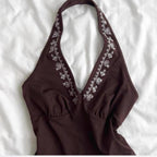 Brown and white embroidery halter top