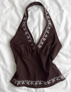 Brown and white embroidery halter top