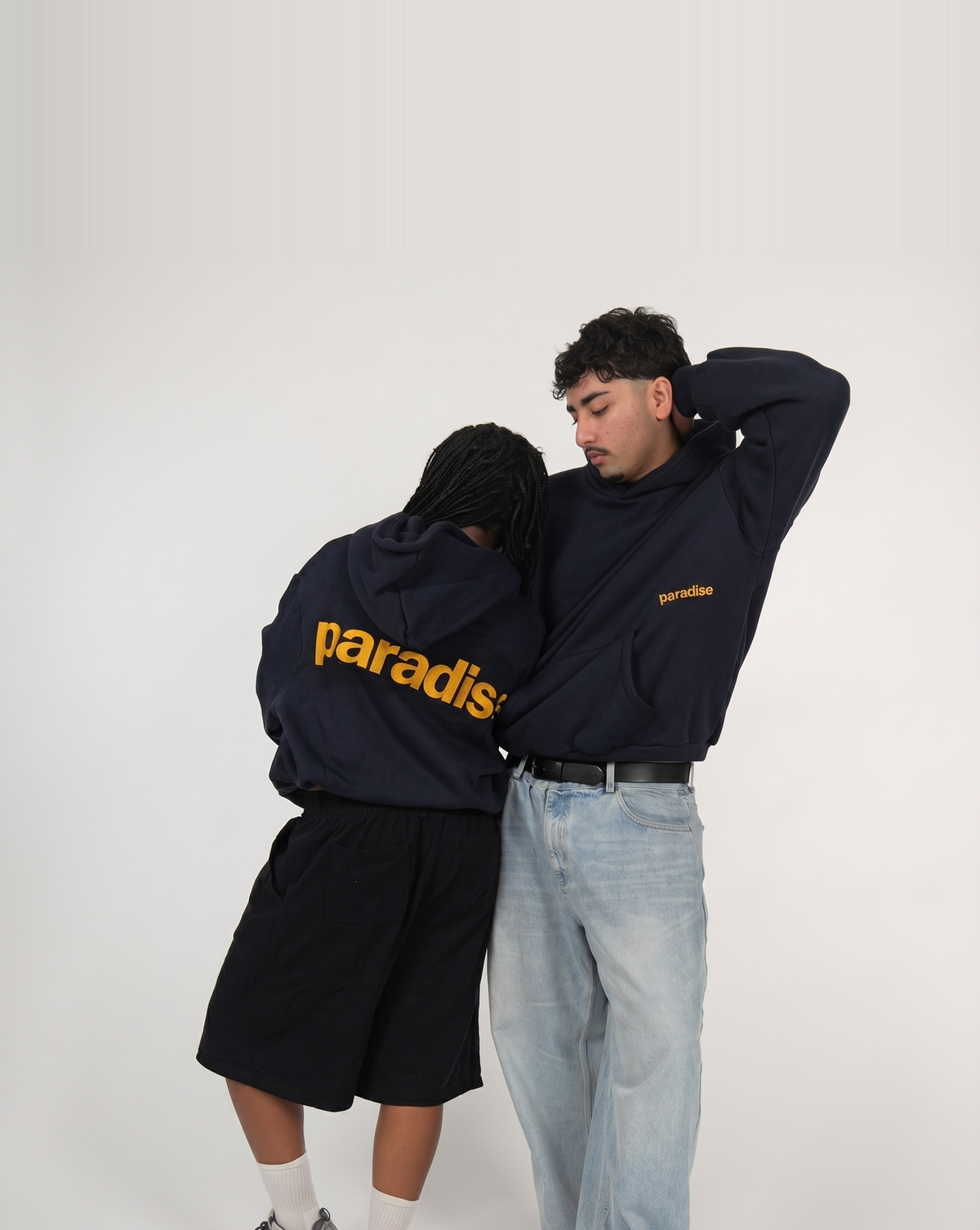 Navy Chasing Paradise heavyweight hoodie | Mehdi, 186cm / 6'1", wearing size Large (in Navy) | Jessica, 168cm / 5'6", wearing size Small (in Navy)