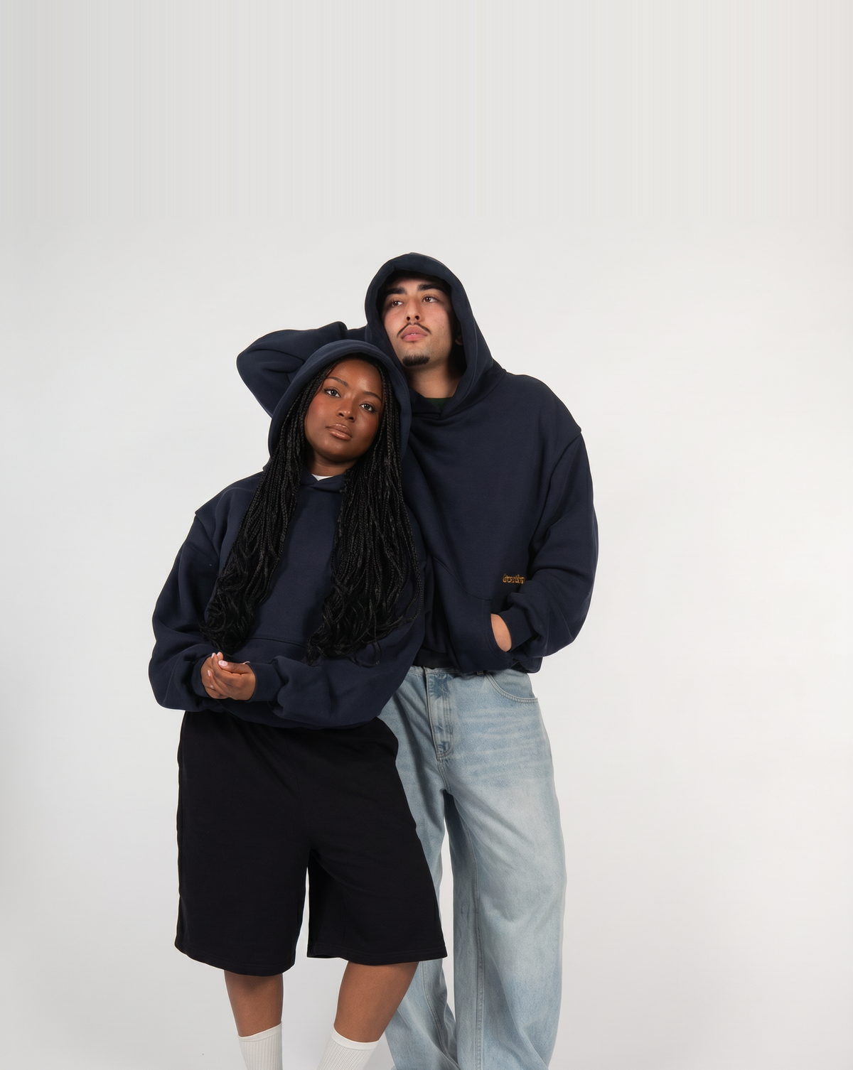 Navy heavyweight hoodie | Mehdi, 186cm / 6'1", wearing size Large (in Navy) | Jessica, 168cm / 5'6", wearing size Small (in Navy)