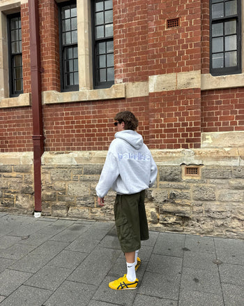 Grey Chasing Paradise heavyweight hoodie | Luke, 181cm / 5'11", wearing size Medium (in Grey)