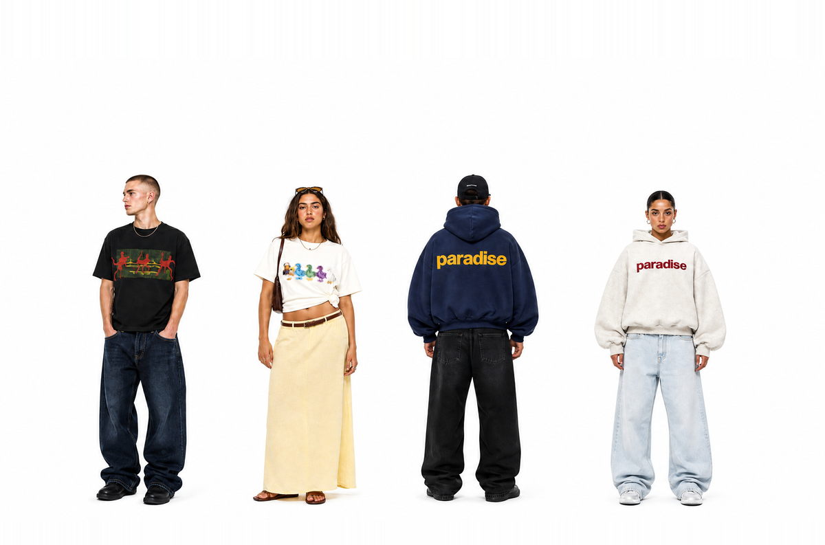 Four models in PARCU heavyweight tees and hoodies