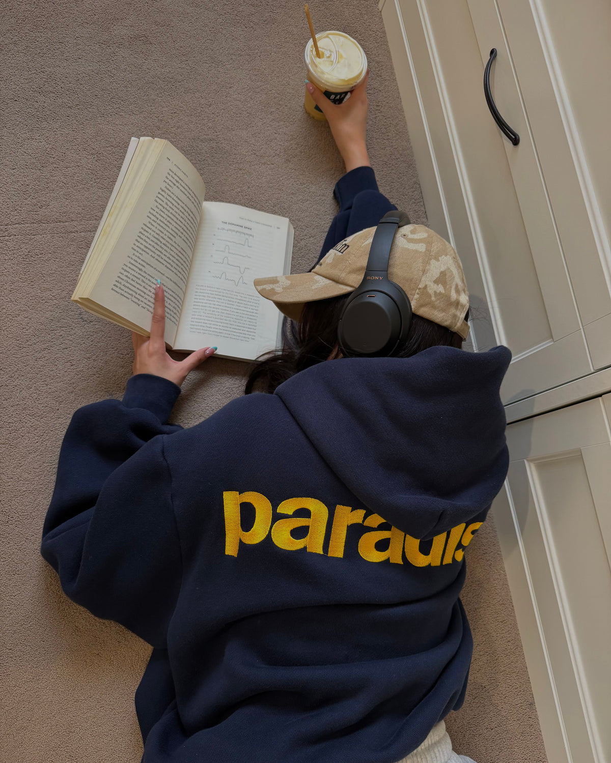Navy Chasing Paradise heavyweight hoodie | Joy, 165cm / 5'5", wearing size Medium (in Navy)