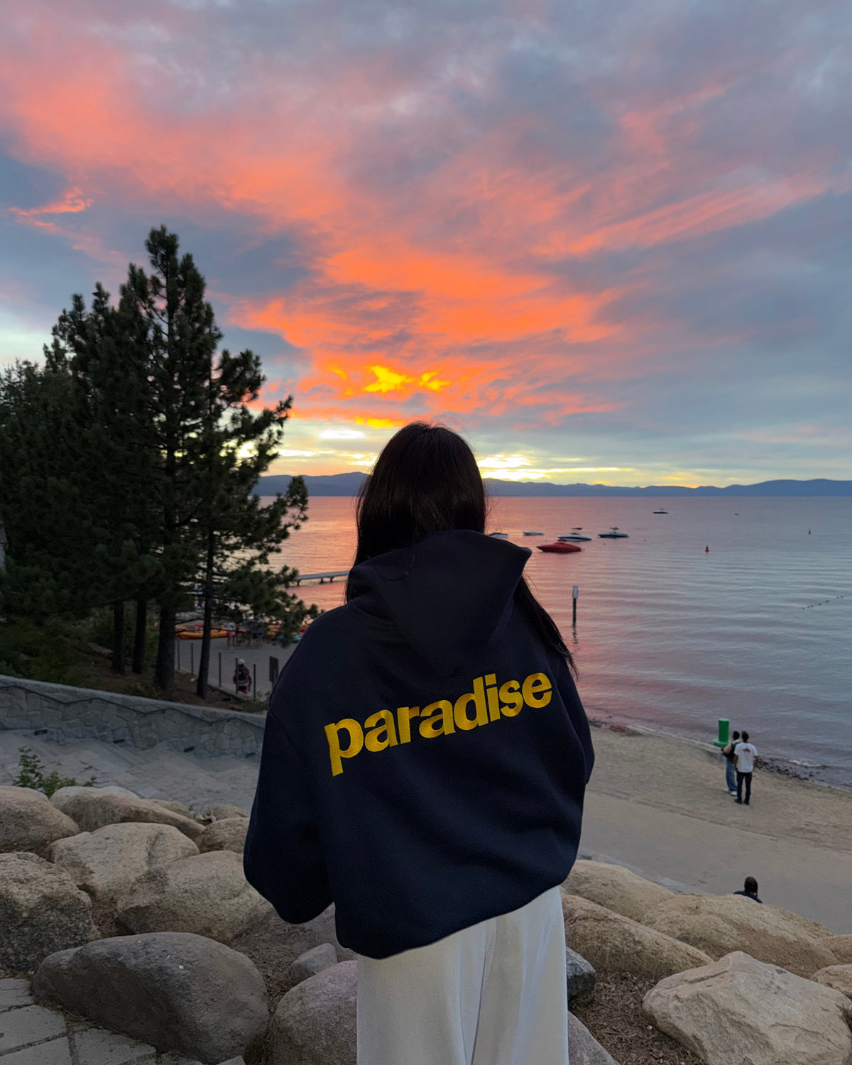 Navy Chasing Paradise heavyweight hoodie | Joy, 165cm / 5'5", wearing size Medium (in Navy)