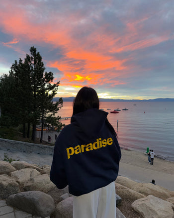 Navy Chasing Paradise heavyweight hoodie | Joy, 165cm / 5'5", wearing size Medium (in Navy)