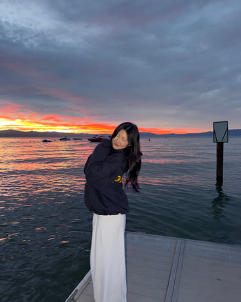 Navy Chasing Paradise heavyweight hoodie | Joy, 165cm / 5'5", wearing size Medium (in Navy)