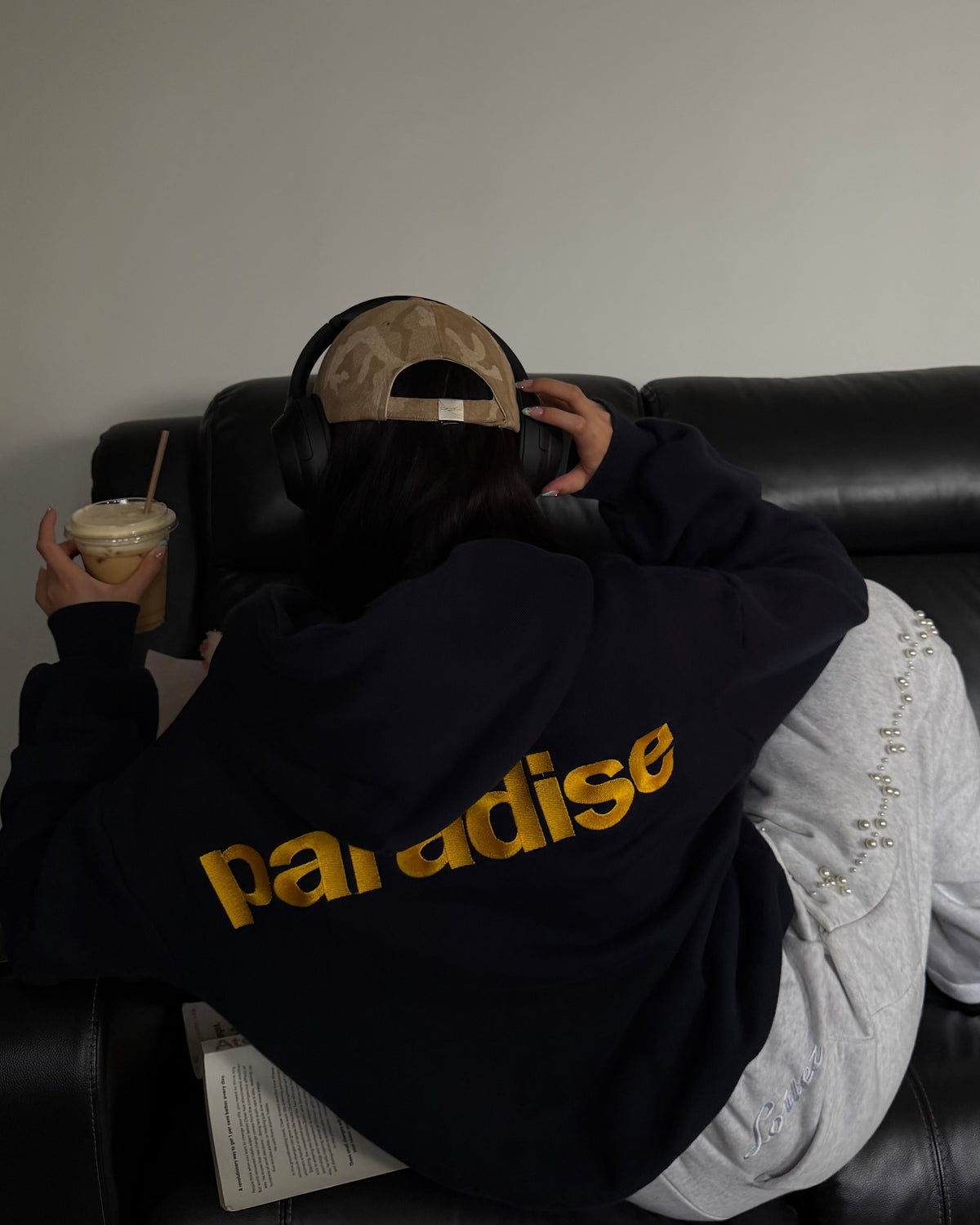 Navy Chasing Paradise heavyweight hoodie | Joy, 165cm / 5'5", wearing size Medium (in Navy)