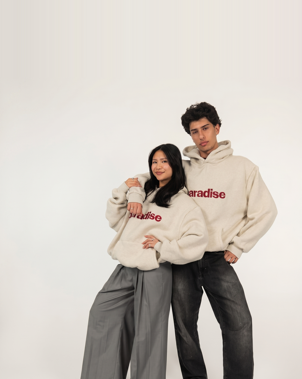 Cream Paradise heavyweight hoodie | Shervin, 188cm / 6'2", wearing size Large (in Cream) | Anna, 161cm / 5'3", wearing size Small (in Cream)
