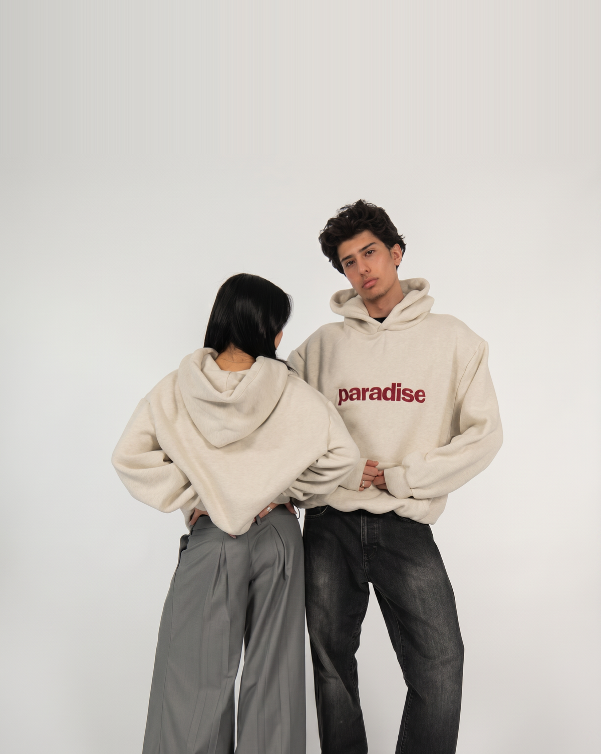 Cream Paradise heavyweight hoodie | Shervin, 188cm / 6'2", wearing size Large (in Cream) | Anna, 161cm / 5'3", wearing size Small (in Cream)