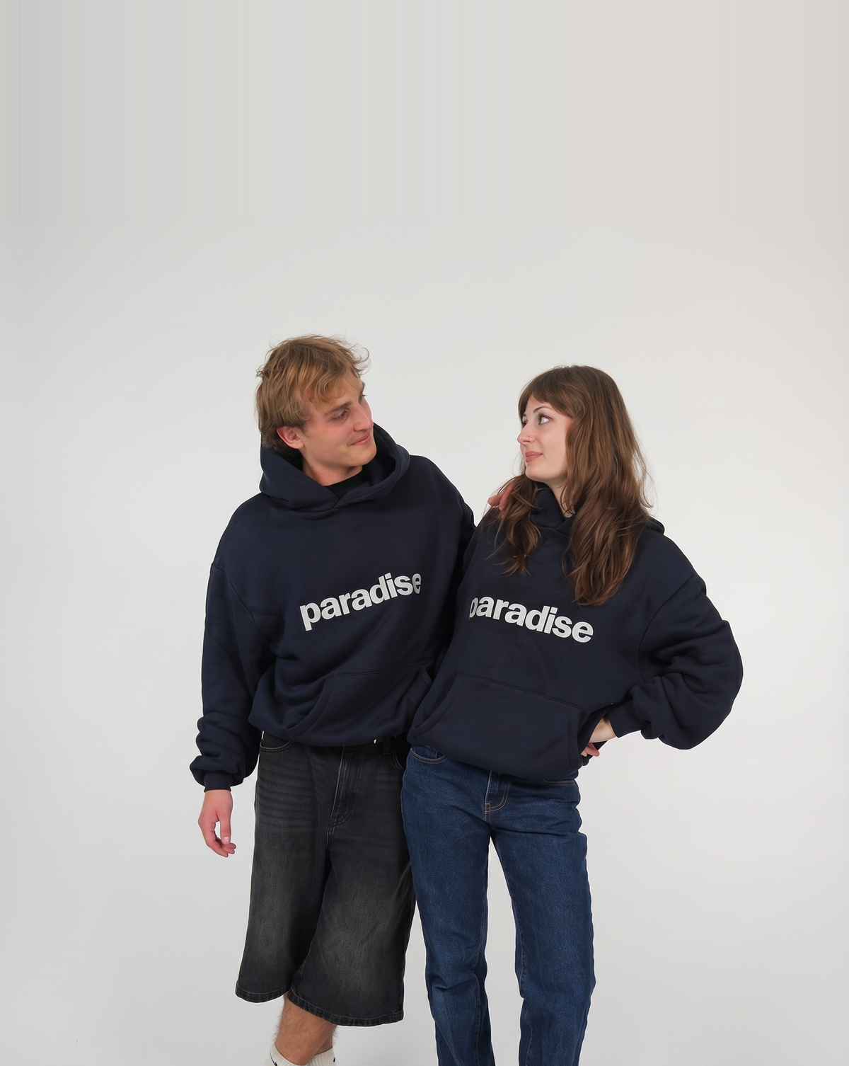 Navy Paradise heavyweight hoodie | Noah, 177cm / 5'10", wearing size Medium (in Navy) | Dani, 169cm / 5'7", wearing size Medium (in Navy)