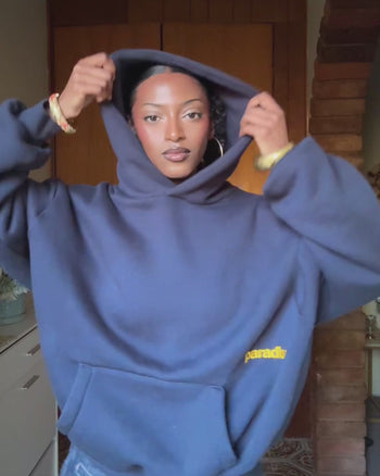 Navy Monogram heavyweight hoodie | Mouna, 170cm / 5'7", wearing size Medium (in Navy)